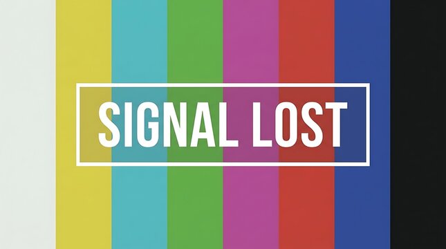 Signal lost text on a colorful television test pattern background with digital noise