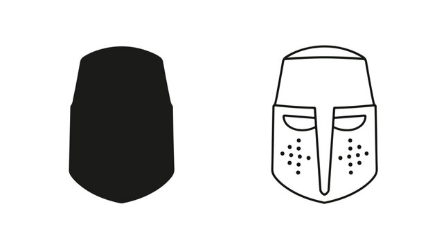 Medieval knight helmet icons, crusader great helm vector set, black silhouette and line art warrior headgear for gaming and history logos isolated PNG with Transparent Background