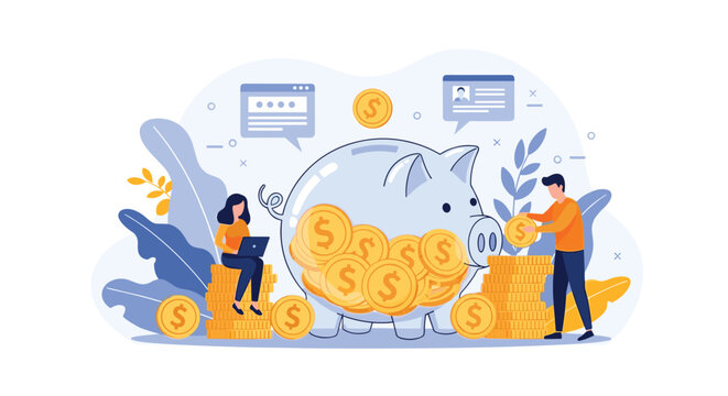 Young creative couple storing their golden coins inside a giant glass piggy bank to save money for the future.
