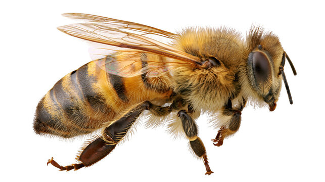 Fuzzy honey bee with striped abdomen and transparent wings, isolated on transparent background