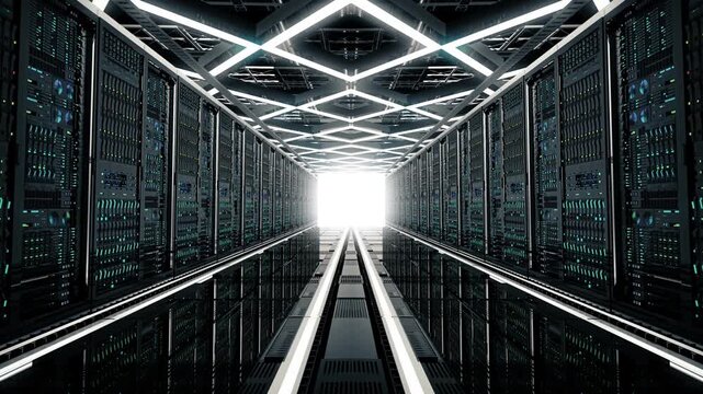 3D render animation of data center server room racks with camera slowly moving forward along symmetrical corridor toward bright light. Seamless looping video of futuristic supercomputer mainframe