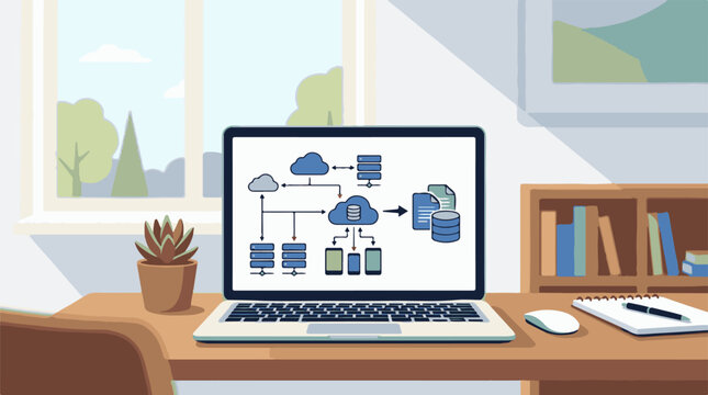 A laptop on a desk with a cloud computing diagram on its screen