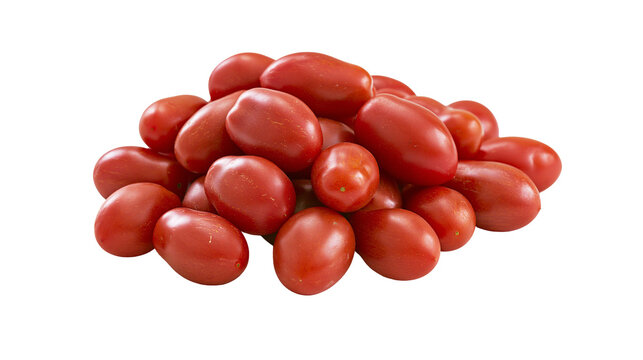 Heap of ripe red Roma tomatoes, fresh produce isolated on transparent background