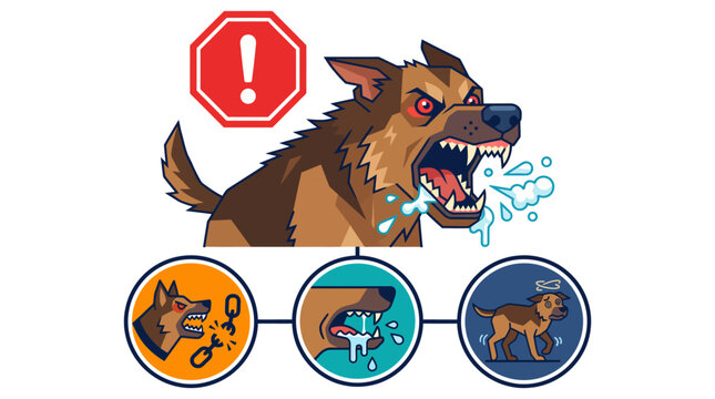 Informative vector graphic showing rabies warning icons and an aggressive foaming dog