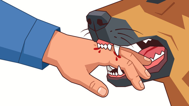 Vector illustration of an aggressive dog biting a human hand with bleeding wound