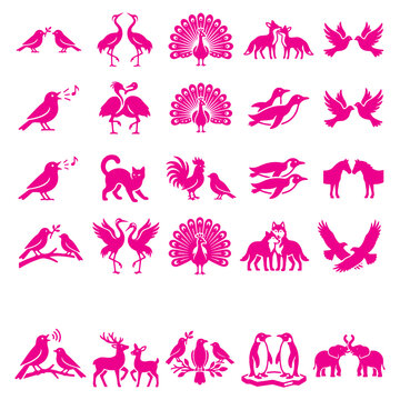 Avian and Mammal Courtship Displays and Wildlife Mating Pairs Silhouette Set, Animal Communication Behavior Peacock Feather Display Singing Bird Crane Dance and Elephant Bond Vector Illustration