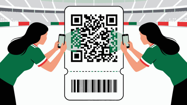 Two women scanning a large QR code with their smartphones.