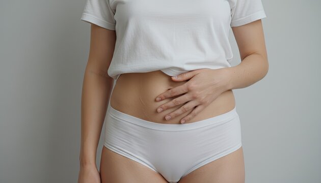 Woman holding her stomach in pain due to ache, cramps or digestive problems.