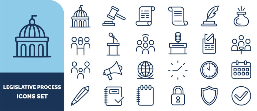 Legislative process set featuring government buildings, legal gavels, documents, public speaking podiums, and voting symbols