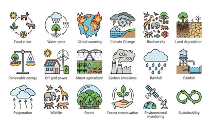 Fototapeta premium Ecosystem Thin Line Icons Set with Food Chain Water Cycle and Global Warming Symbols Vector Illustration