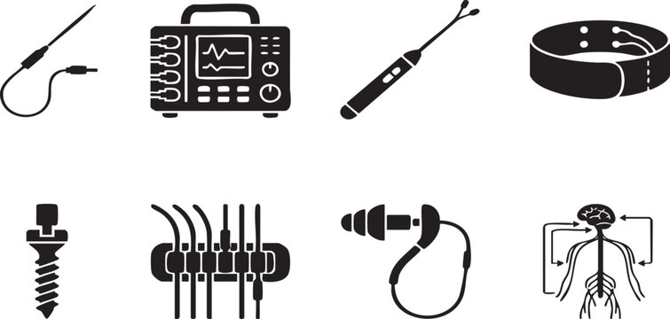 Medical neurostimulation equipment icons, 8 black vector glyphs of neuromodulation devices and brain therapy tools