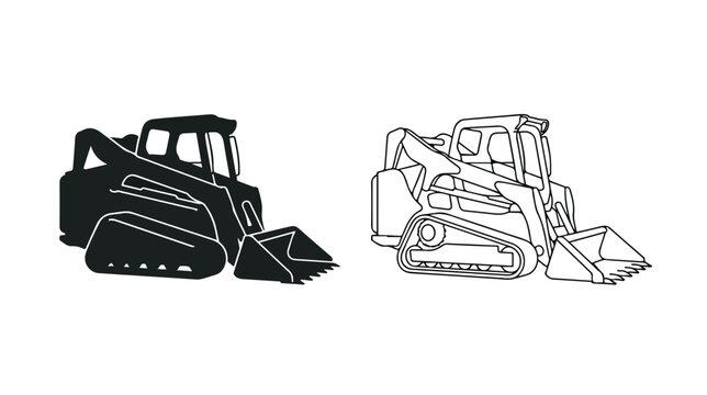 Skid steer loader vector icons, heavy construction equipment silhouette and line art, compact track loader machinery for industrial design