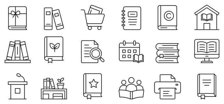 Book publishing outline set containing icons for library, digital reading, bookstore, literature creation, printing service, and editorial planning, vector illustration.