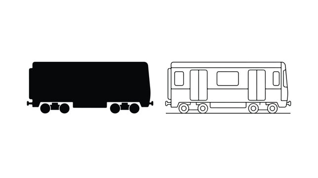 Subway train car vector icons, black silhouette and thin line art of underground metro carriage, public transportation vehicle graphics