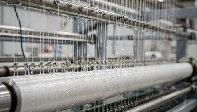 Medium shot of fine denier spandex filament spinning showcasing delicate elastic threads being precisely oiled and wound onto spools in a hightech manufacturing setting.