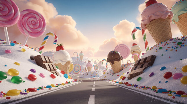 Candyland Sweet Road with Ice Cream and Lollipops under a Fantasy Sky
