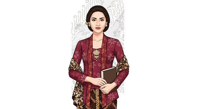 Woman in Traditional Indonesian Clothing Holding Book.