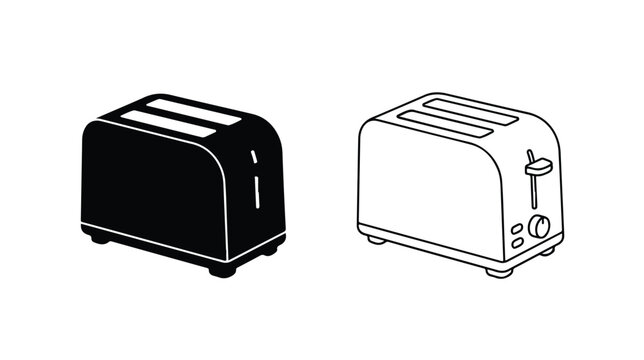 Minimalist toaster vector icons, black silhouette and line art bread toaster set, kitchen appliance illustrations for breakfast menu design