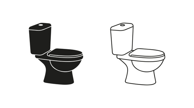 Minimalist toilet bowl vector icons, black silhouette and line art bathroom ceramic commode set, modern sanitary ware equipment for interior design