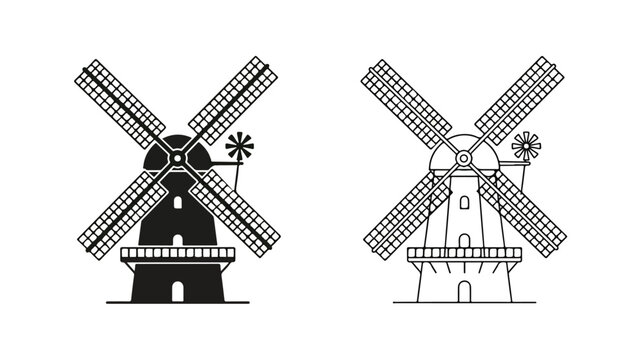 Traditional windmill vector icons, set of two vintage Dutch wind mill silhouettes, minimalist line art of historic farm machinery for bakery or flour logos