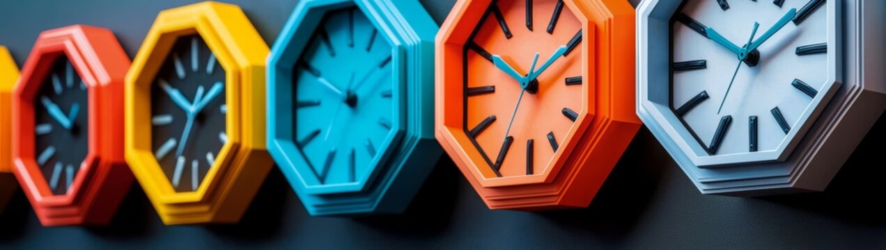 A display of colorful octagonal clocks enhancing interior style.