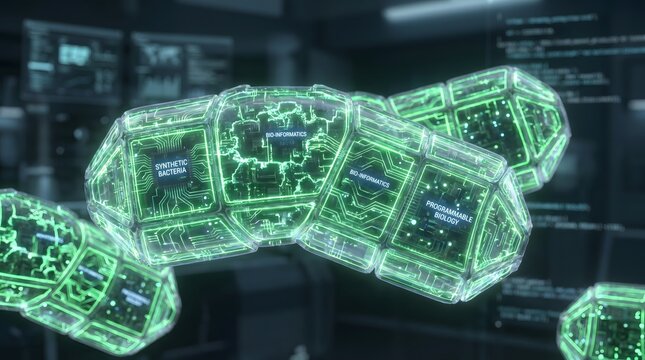 A highly detailed macro shot captures futuristic green circuit boards in a dark laboratory setting.