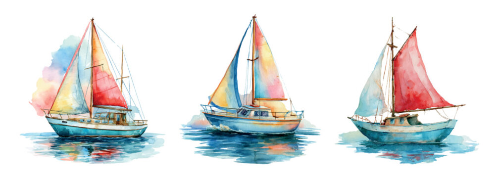 Colorful watercolor sailboats glide across a serene ocean, their vibrant sails reflecting on gentle water