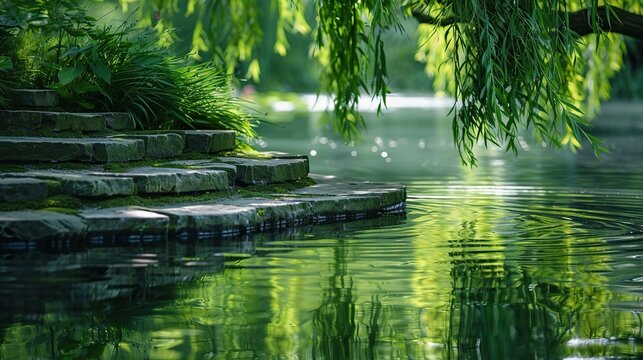 Weeping willow and stone steps summer pond