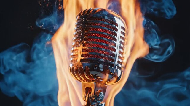 Vintage microphone engulfed in flames