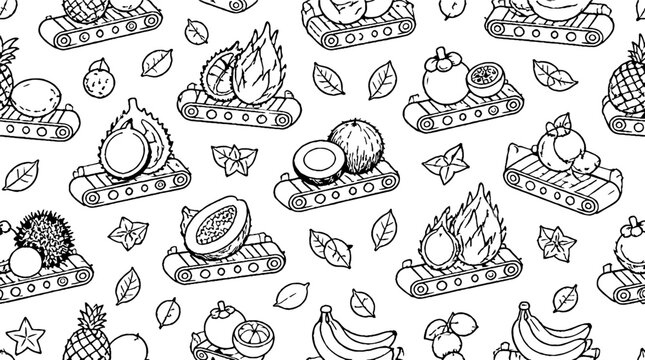 Assorted tropical fruits and leaves seamless pattern design.