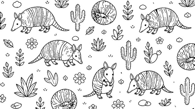 Detailed Armadillo and Cactus Line Art Illustration.