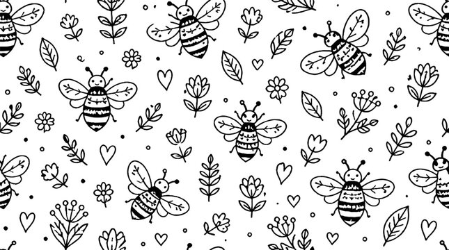 Black and white bee and flower pattern design.