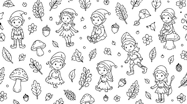 Whimsical gnome and forest elements line art illustration.