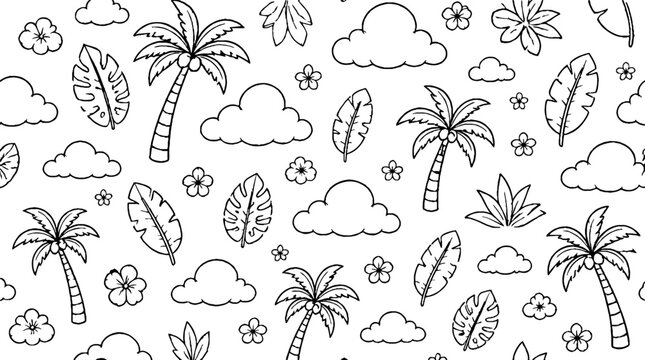 Tropical palm trees and leaves pattern illustration.