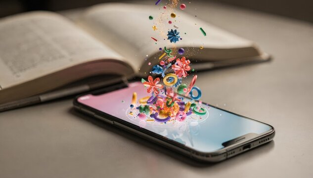 Closeup of a smartphone displaying animated 3D graphics emerging from a book cover while the printed page remains slightly out of focus emphasizing digital interactivity.
