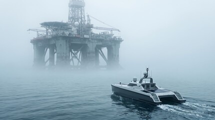 Fototapeta premium Solar powered modern boat near offshore oil rig platform in fog
