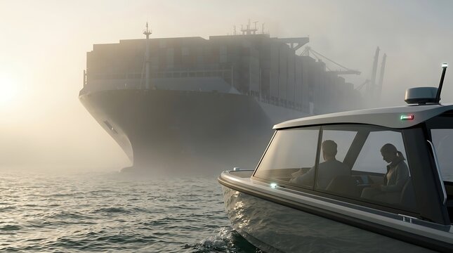 People inside boat looking at huge cargo container ship in fog