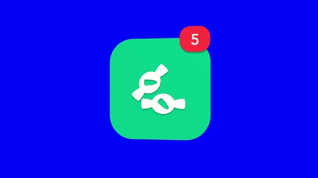 A 3D wrapped sweet candy sugar bonbon confectionery dessert treats snack notification icon popping up and rotating on a blue screen chroma key background with a red number counter animation.