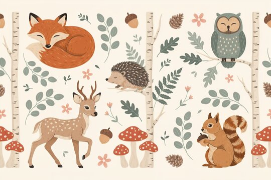 Seamless pattern featuring cute woodland animals like a fox, deer, hedgehog, squirrel, and owl with forest like mushrooms and trees
