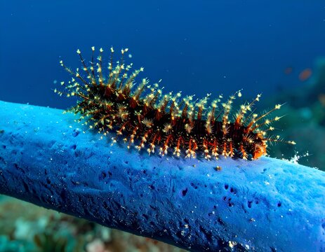 exotic marine fire worm with white spiky bristles on blue coral branch underwater shot