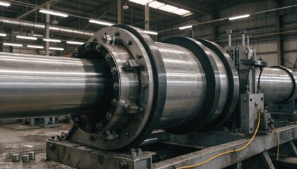 Obraz premium Medium shot of roll bending machine shaping a large metal pipe into smooth curves with precision and industrial efficiency in a spacious workshop setting.