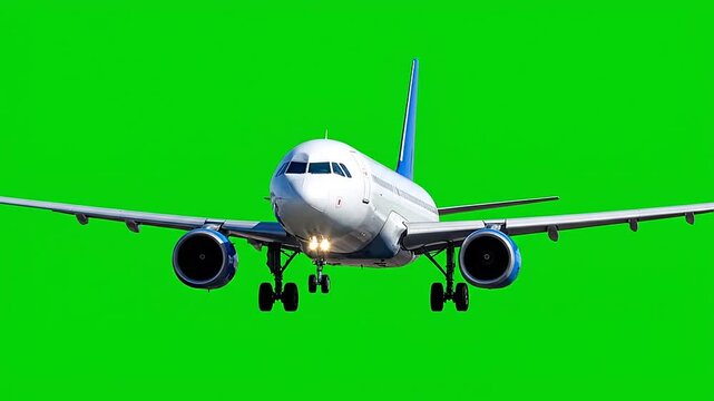 Commercial passenger airplane landing on a green screen background