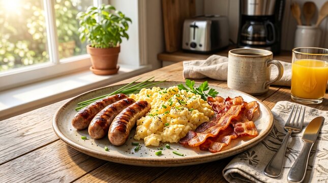 Hearty cooked breakfast served on rustic wooden kitchen table by sunny window featuring scrambled eggs grilled sausages crispy bacon and coffee