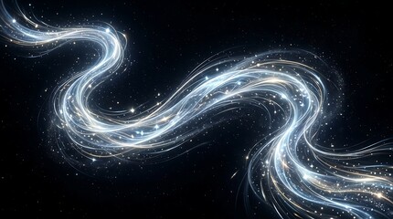 Obraz premium Glowing light trails flow through a deep dark expanse creating elegant swirling patterns of brilliant white energy and sparkling particles that shimmer with ethereal cosmic beauty