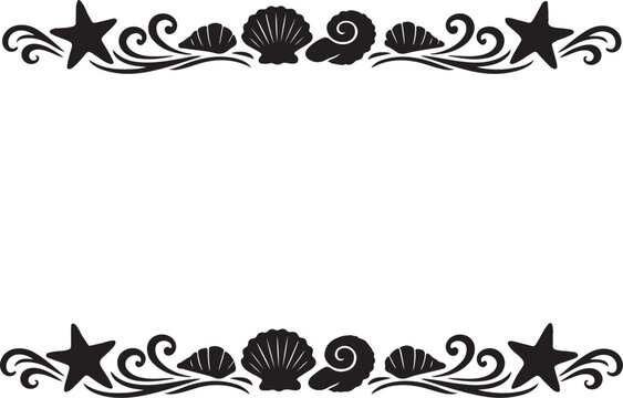 Black seashell and starfish border on white background