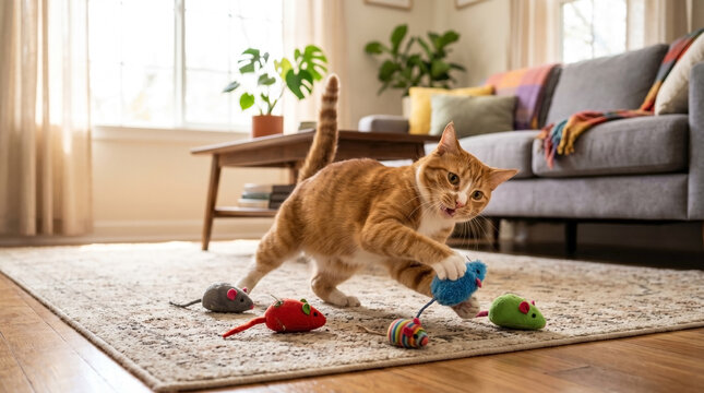 Cat playing with colorful catnip mice toys in cozy living room, energetic feline engaged in playful activity with plush mouse toys.