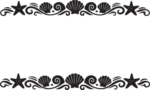 Black seashell and starfish border on white background