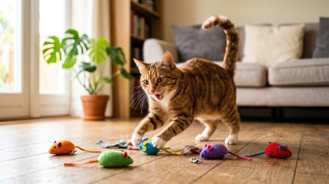 Cat playing with colorful catnip mice toys in living room, energetic feline interacts with plush mice scattered on wooden floor. Fun and playful cat interaction concept for pet-related content.