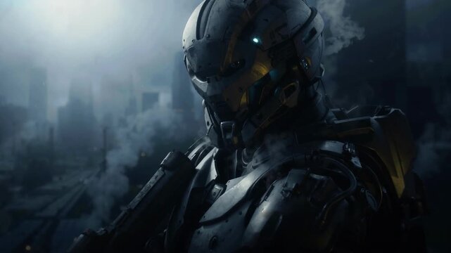 Cybernetic Warrior in Dark Futuristic City Smoke Cinematic Close up Technology Concept