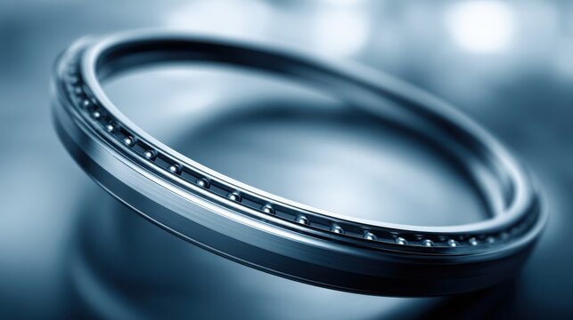 Close-up detail of a high-precision steel bearing with smooth metal balls and a blurred industrial background